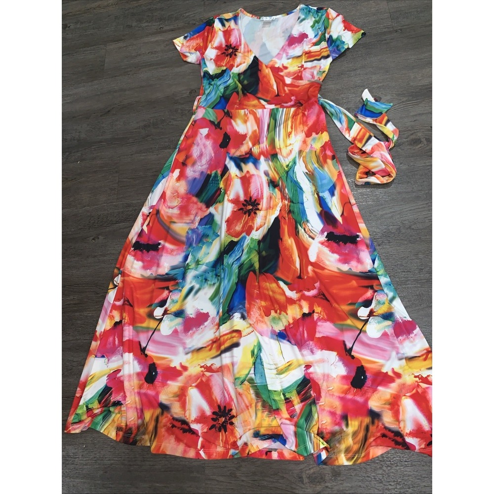 Venus Pink Multi Abstract Floral Faux Wrap Maxi Dress Short Sleeve Small